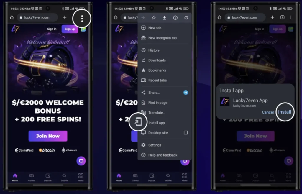Instruction how to download Android app Lucky7even Casino