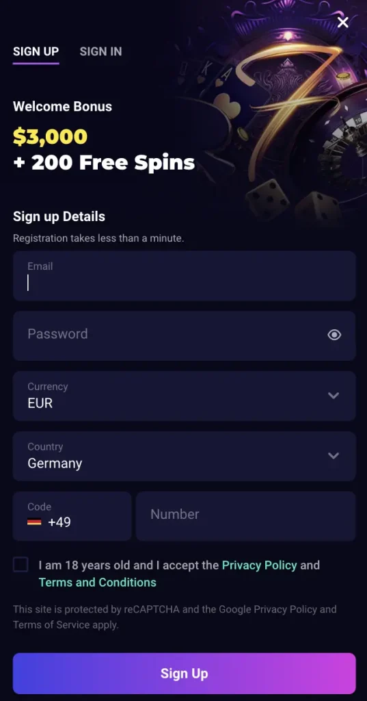 Sign up form Lucky7even Casino