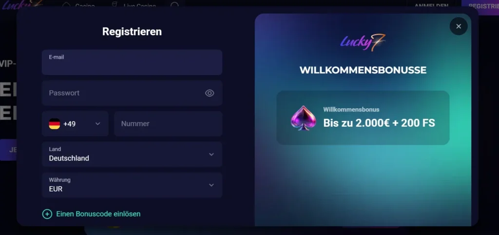 Registrierungsschritte auf Lucky 7even Casino Website